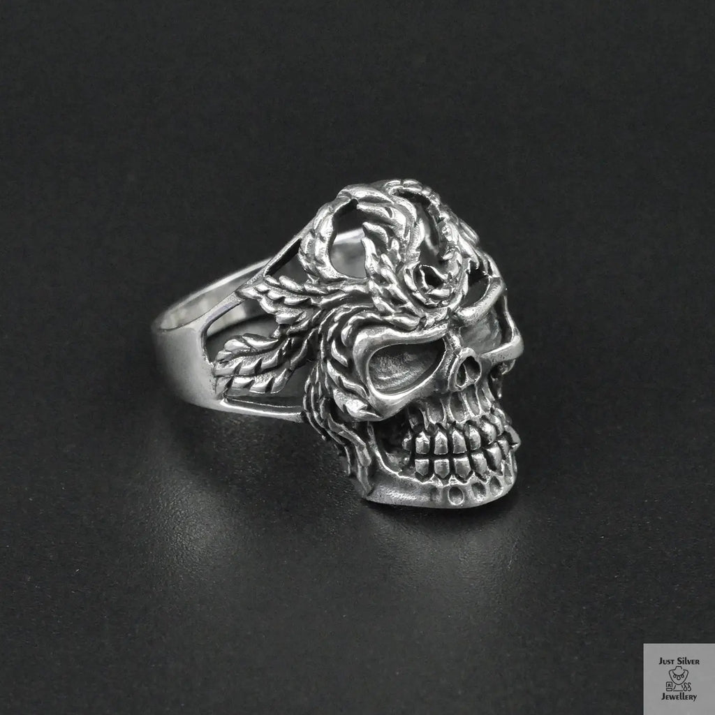 Silver Bold "Skull & Feather" Gents Ring Just Silver Jewellery