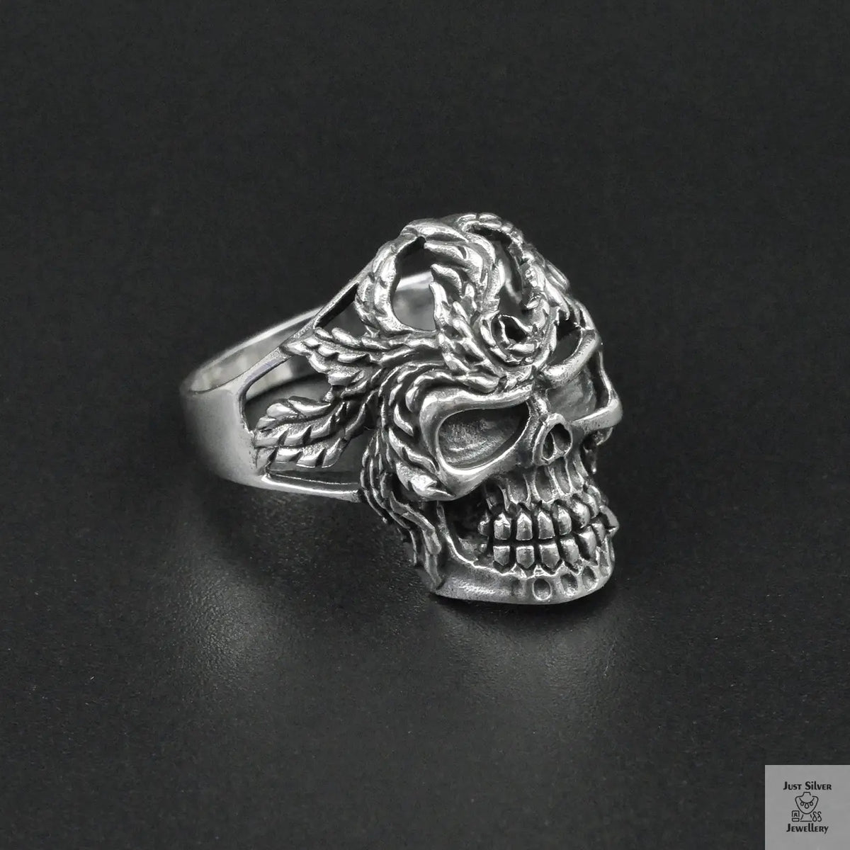 Silver Bold "Skull & Feather" Gents Ring Just Silver Jewellery