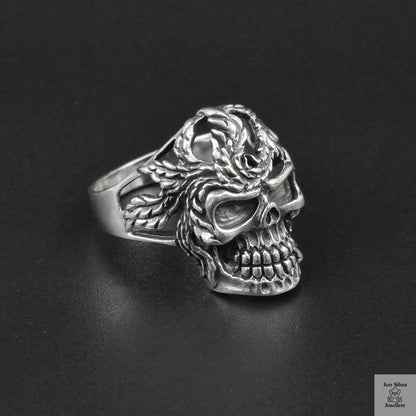 Silver Bold "Skull & Feather" Gents Ring Just Silver Jewellery