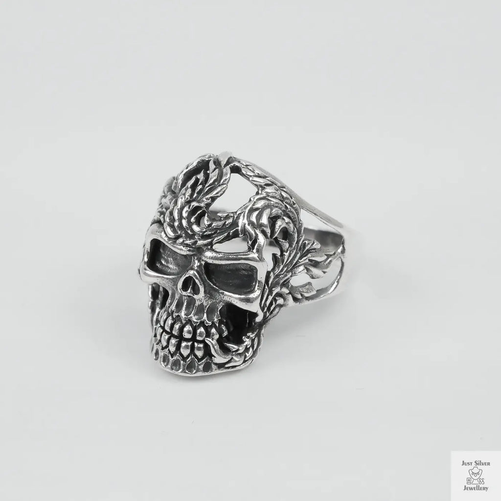 Silver Bold "Skull & Feather" Gents Ring Just Silver Jewellery