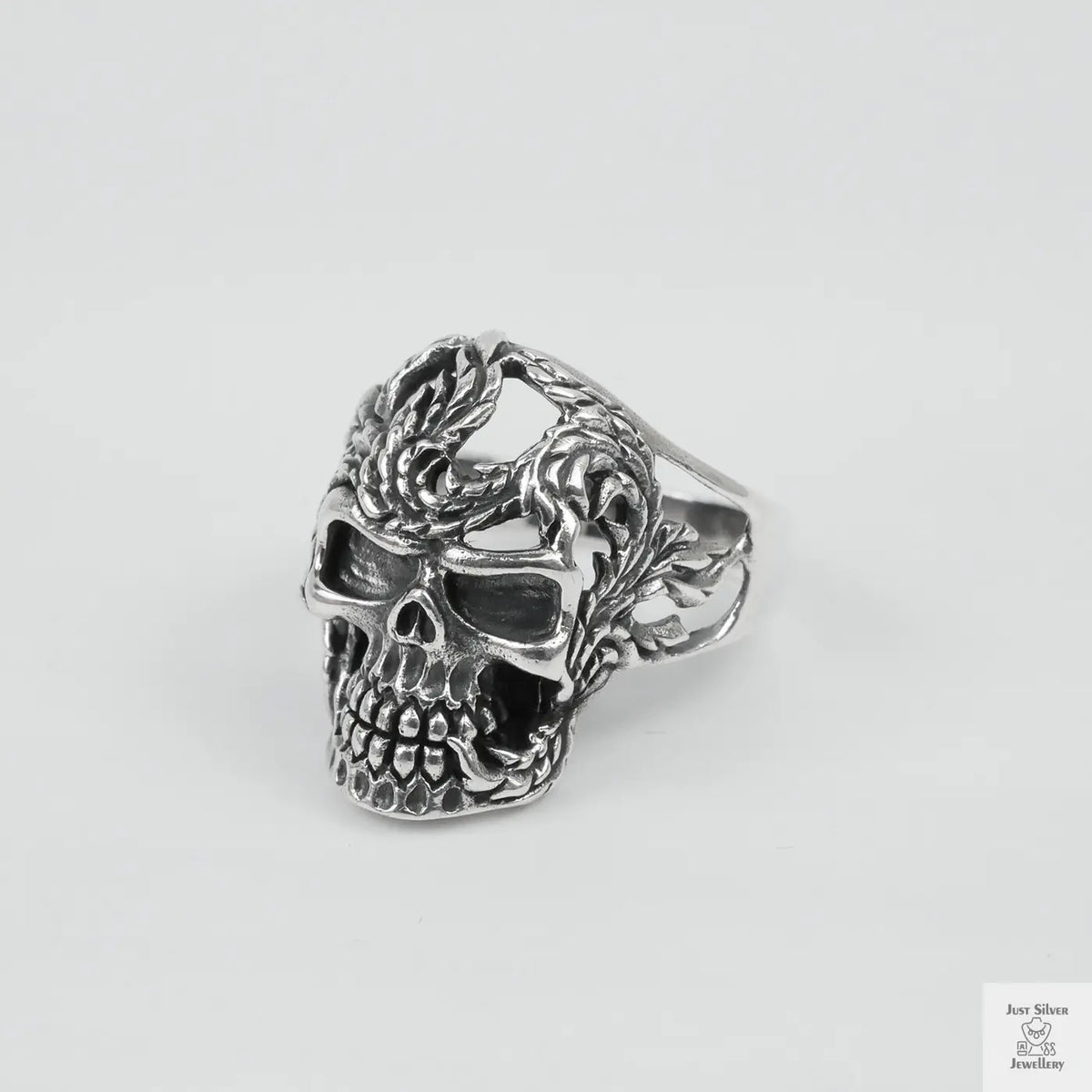Silver Bold "Skull & Feather" Gents Ring Just Silver Jewellery