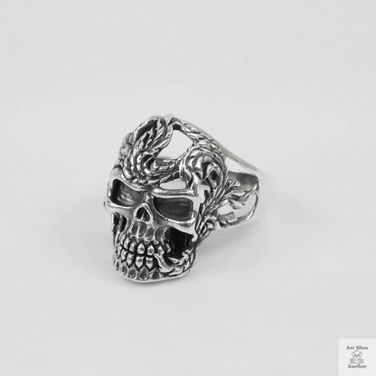 Silver Bold "Skull & Feather" Gents Ring Just Silver Jewellery