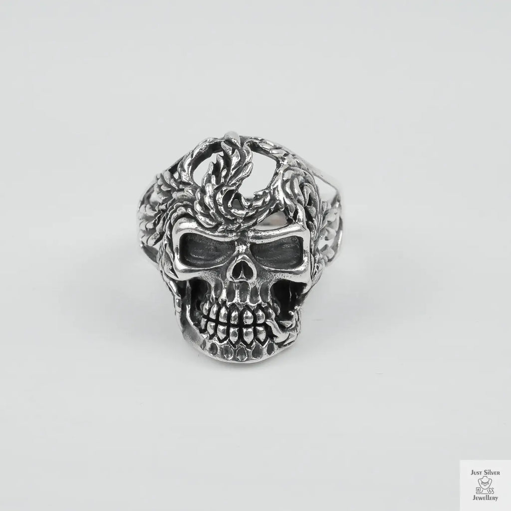 Silver Bold "Skull & Feather" Gents Ring Just Silver Jewellery