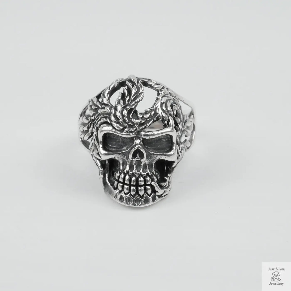 Silver Bold "Skull & Feather" Gents Ring Just Silver Jewellery