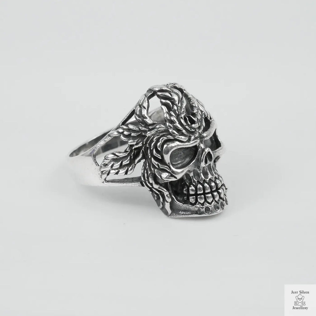 Silver Bold "Skull & Feather" Gents Ring Just Silver Jewellery