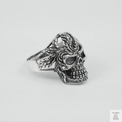 Silver Bold "Skull & Feather" Gents Ring Just Silver Jewellery