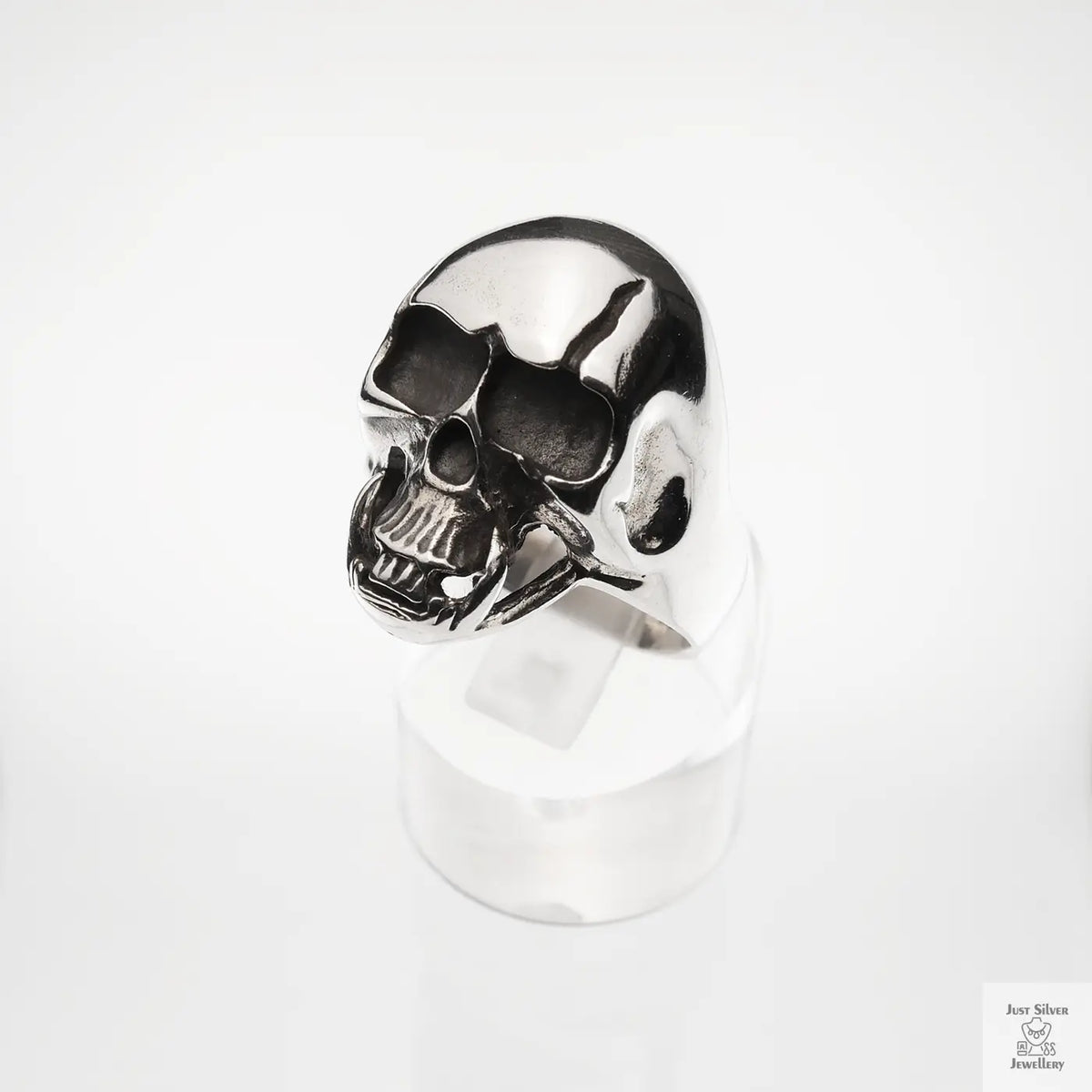 Silver skull ring on a white background