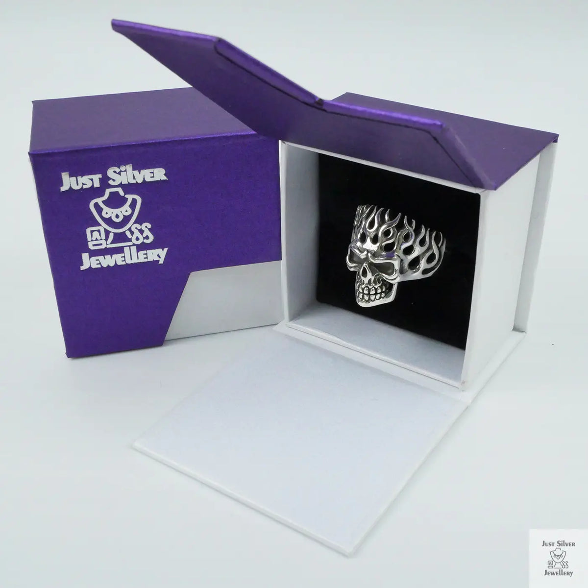 Silver Bold "Flaming Skull" Gents Ring Just Silver Jewellery