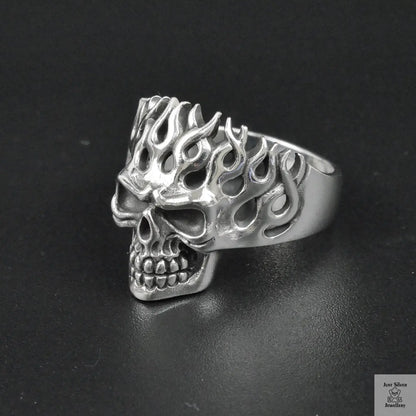 Silver Bold "Flaming Skull" Gents Ring Just Silver Jewellery