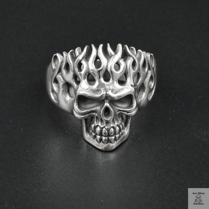 Silver Bold "Flaming Skull" Gents Ring Just Silver Jewellery