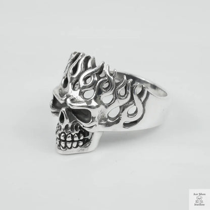Silver Bold "Flaming Skull" Gents Ring Just Silver Jewellery