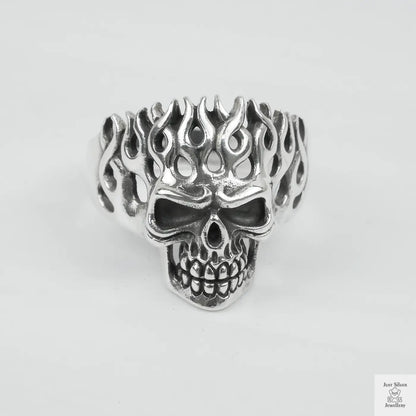 Silver Bold "Flaming Skull" Gents Ring Just Silver Jewellery