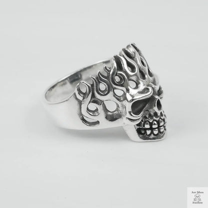 Silver Bold "Flaming Skull" Gents Ring Just Silver Jewellery