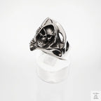 Silver ring with skull design on a white background