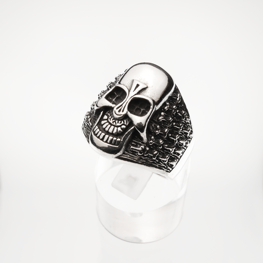 Silver skull ring on a white background