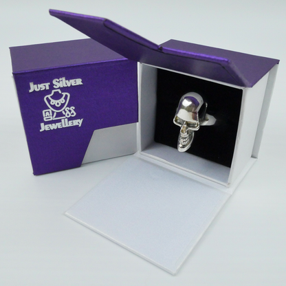 Silver ring in a 'Just Silver Jewellery' box on a white background