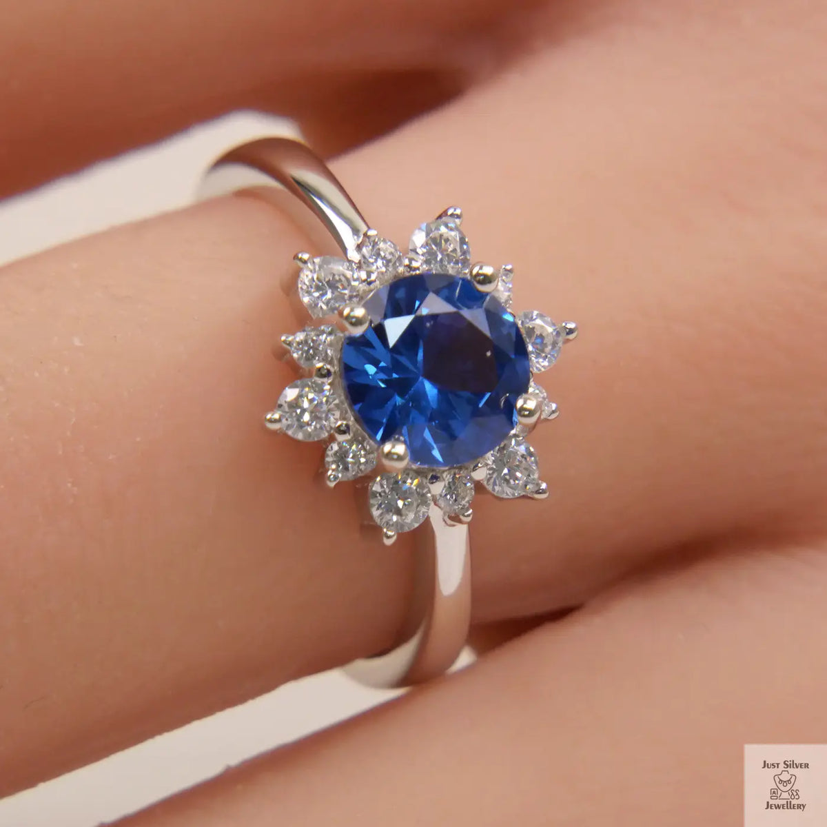 Silver Blue Natural Zircon Flower Ring Just Silver Jewellery