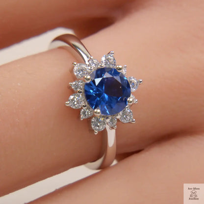 Silver Blue Natural Zircon Flower Ring Just Silver Jewellery