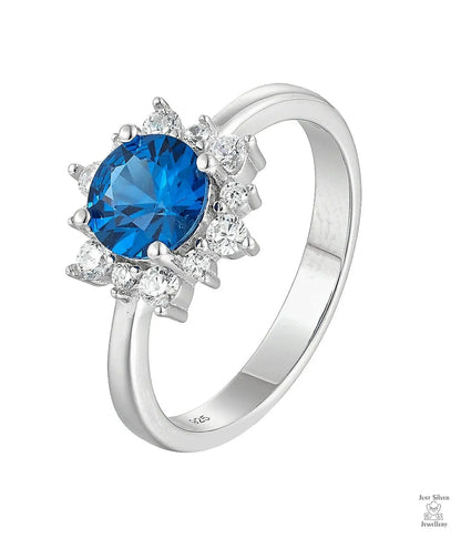 Silver Blue Natural Zircon Flower Ring Just Silver Jewellery