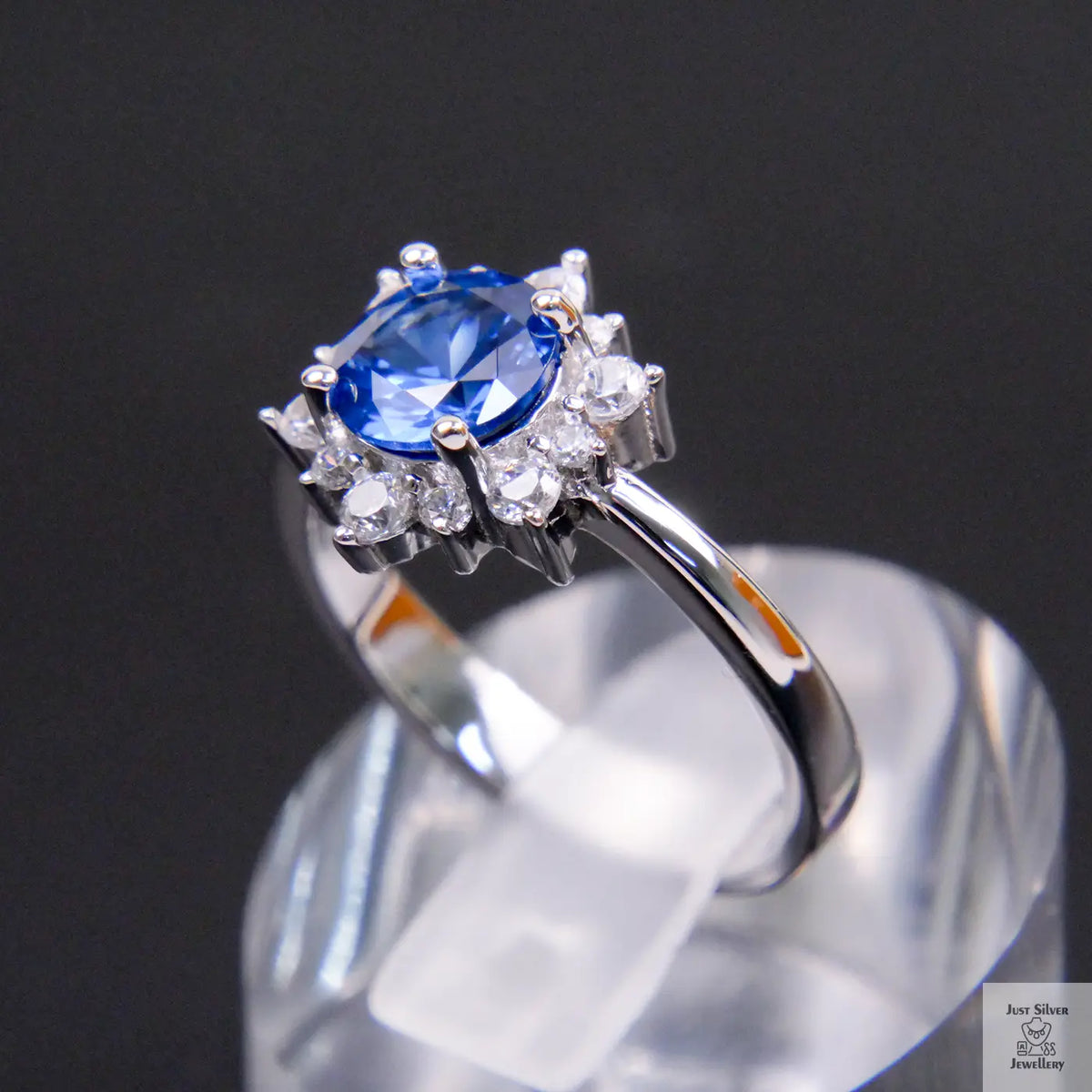 Silver Blue Natural Zircon Flower Ring Just Silver Jewellery