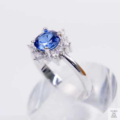 Silver Blue Natural Zircon Flower Ring Just Silver Jewellery