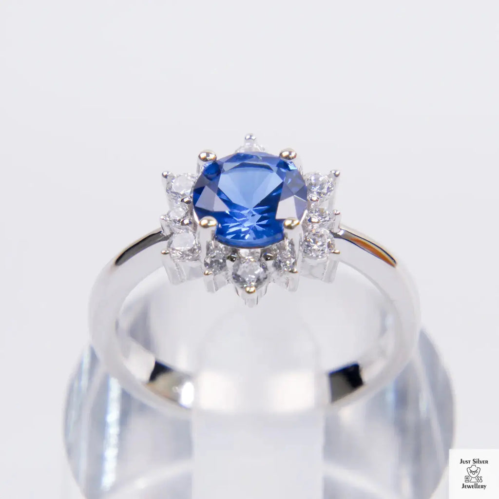 Silver Blue Natural Zircon Flower Ring Just Silver Jewellery