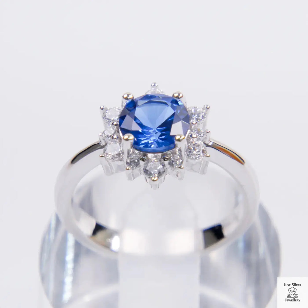 Silver Blue Natural Zircon Flower Ring Just Silver Jewellery