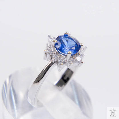 Silver Blue Natural Zircon Flower Ring Just Silver Jewellery