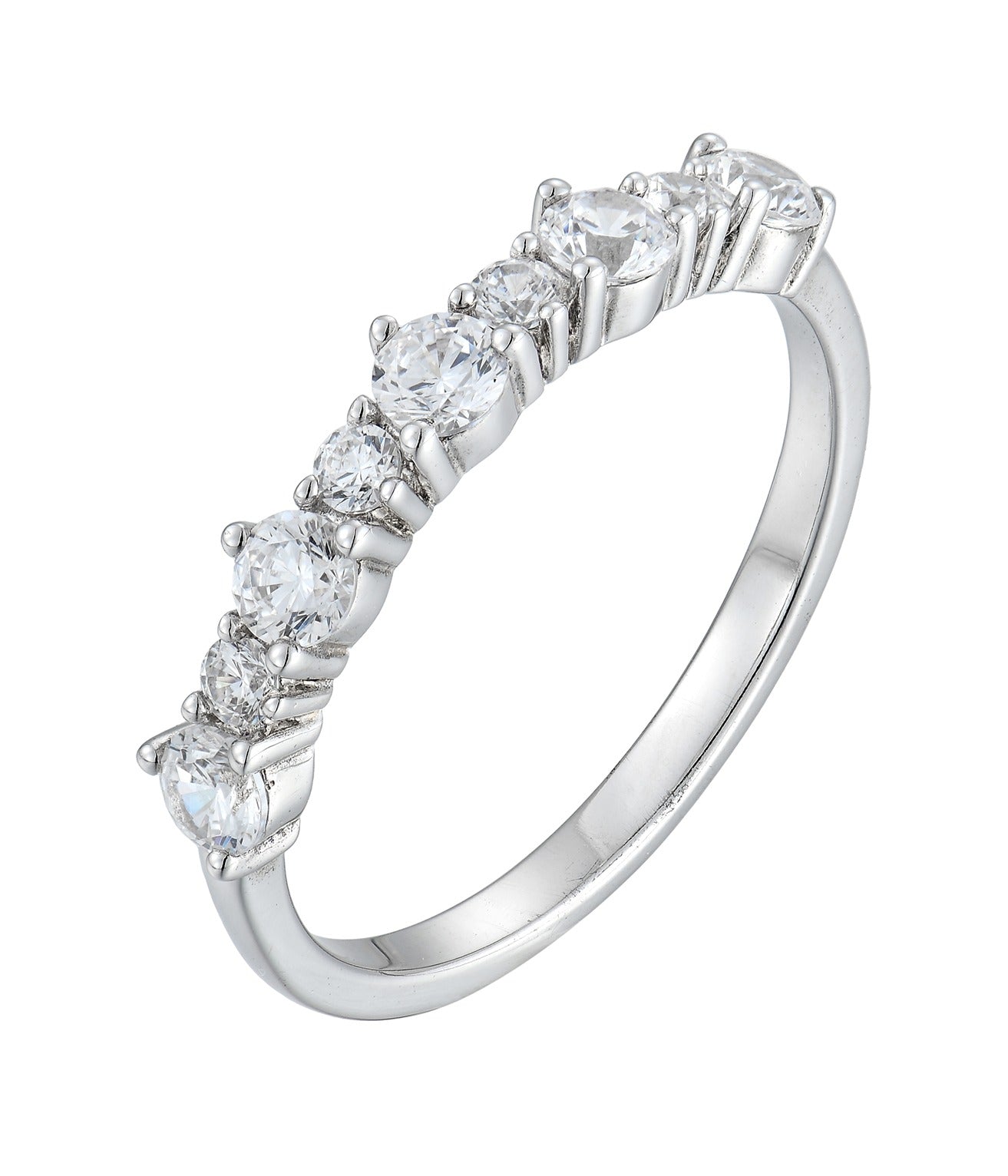 Silver ring with clear gemstones on a white background