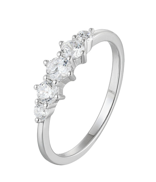 Silver ring with five clear gemstones on a white background