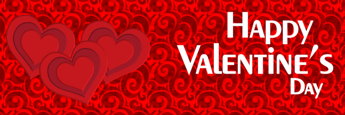 Valentine's Day banner with hearts and 'Happy Valentine's Day' text on a red background