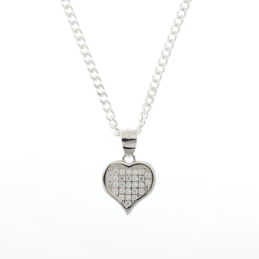 Silver Heart filled pendant with white zirconia's & chain