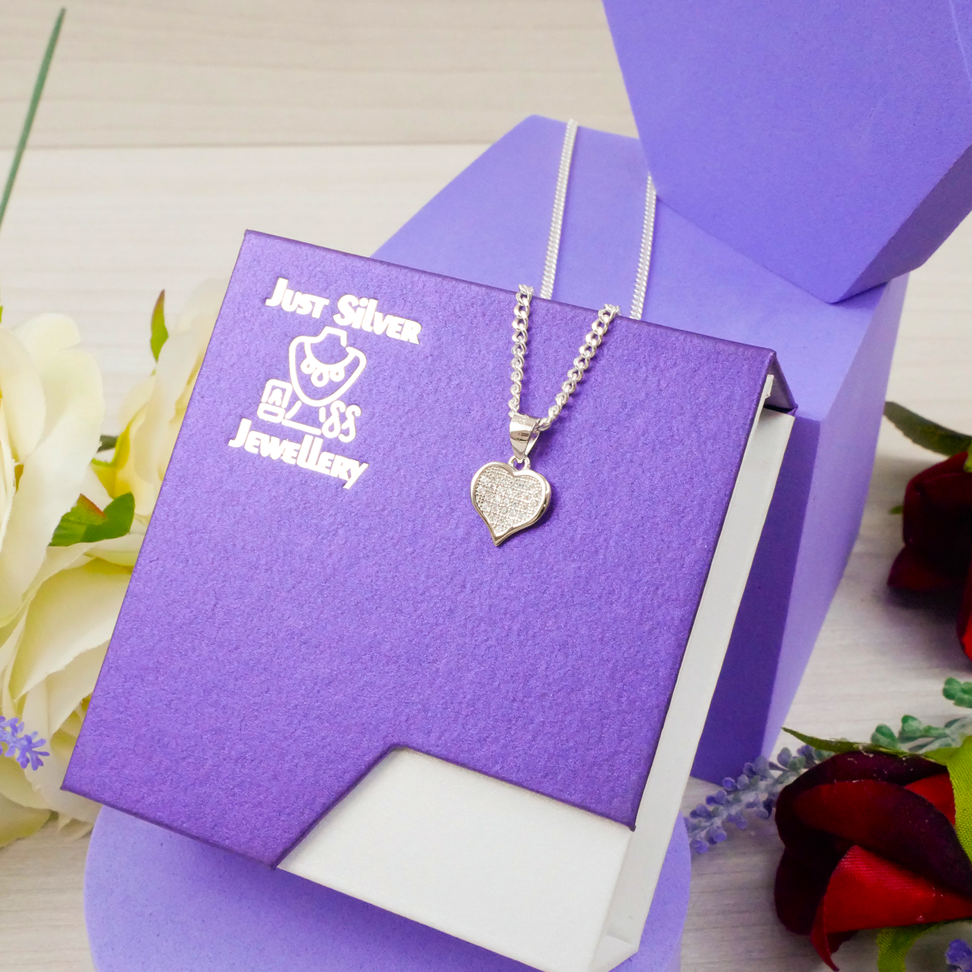 Silver Heart filled pendant with white zirconia's & chain