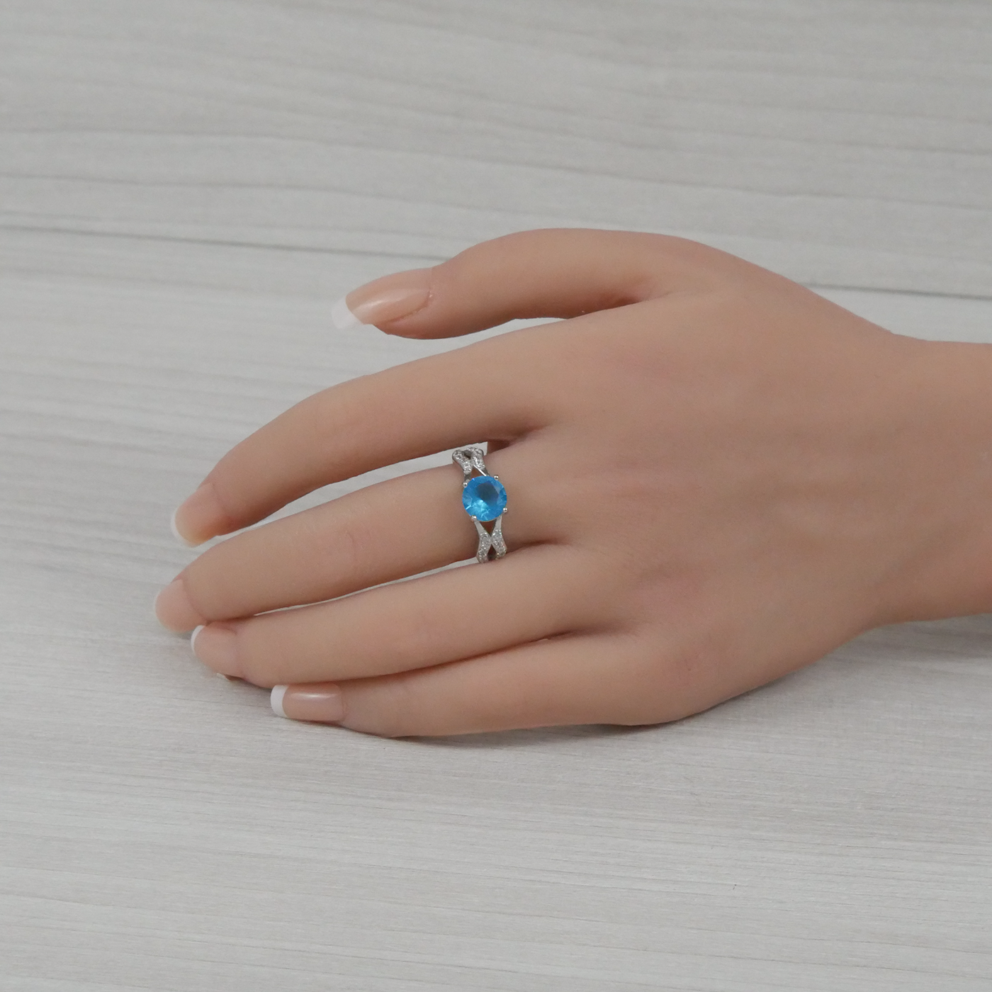 Silver Aquamarine Zirconia and White Zirconia Ring