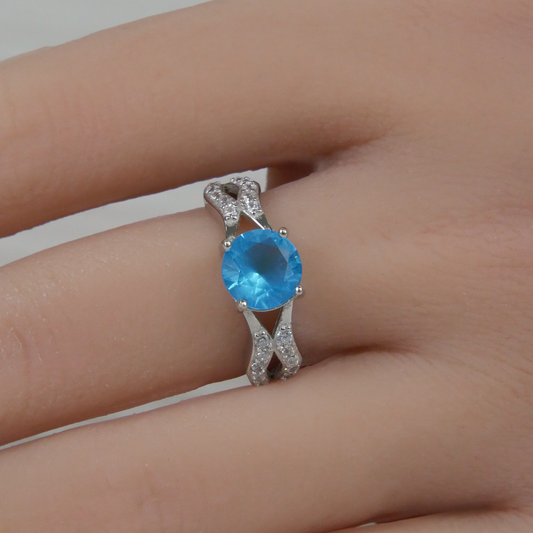 Silver Aquamarine Zirconia and White Zirconia Ring