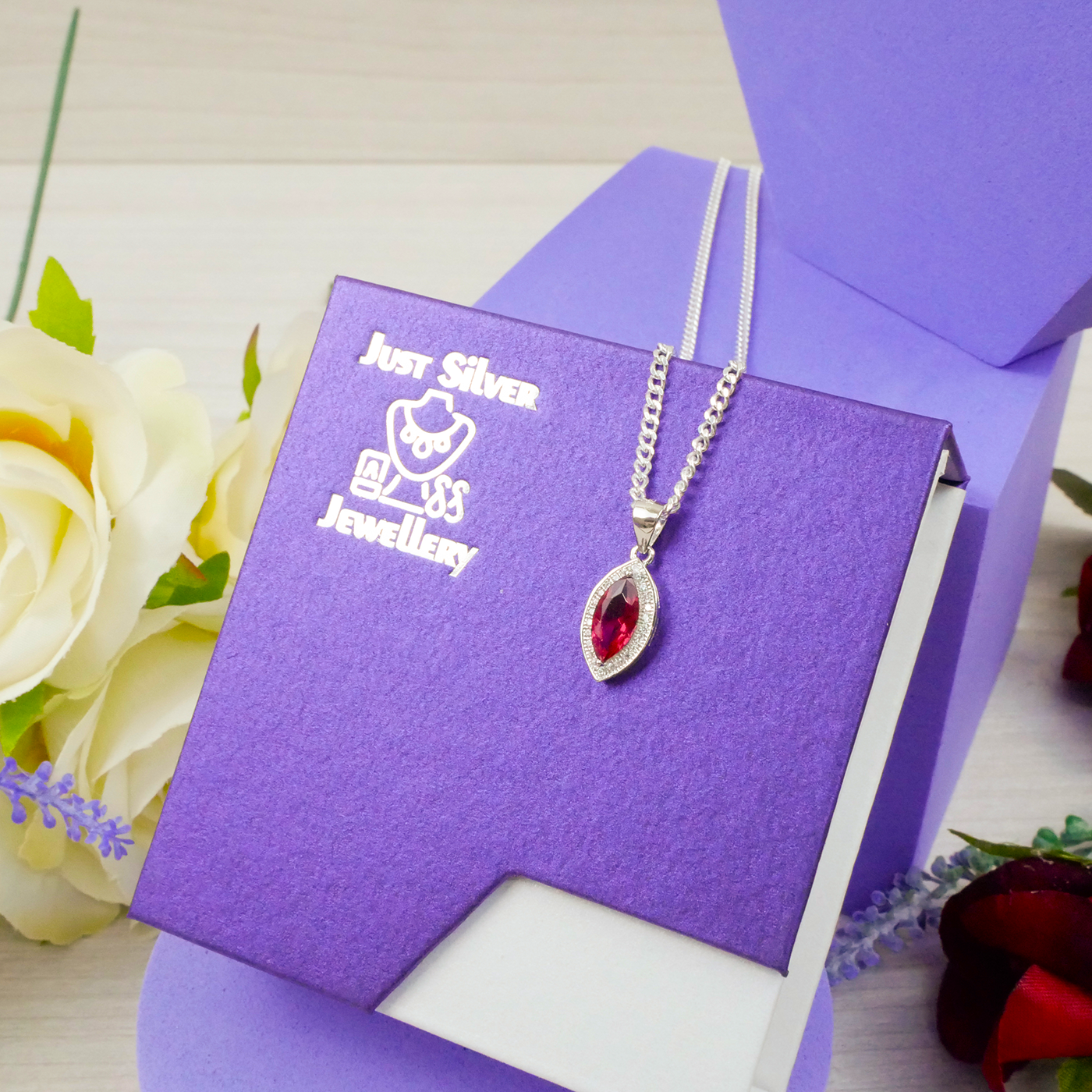 "Marquise cut" Ruby Zirconia Gem pendant & chain