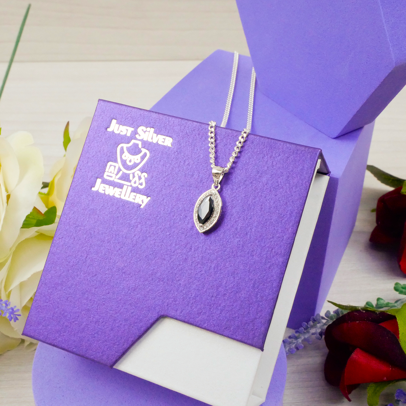 "Marquise Cut" Black Zirconia Gem pendant & chain