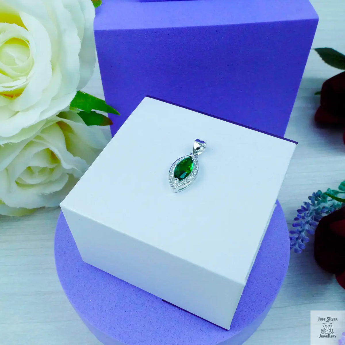 Silver Marquise cut Emerald Zirconia Gem pendant Just Silver Jewellery