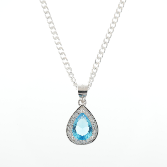 "Teardrop" Aquamarine Zirconia pendant & chain