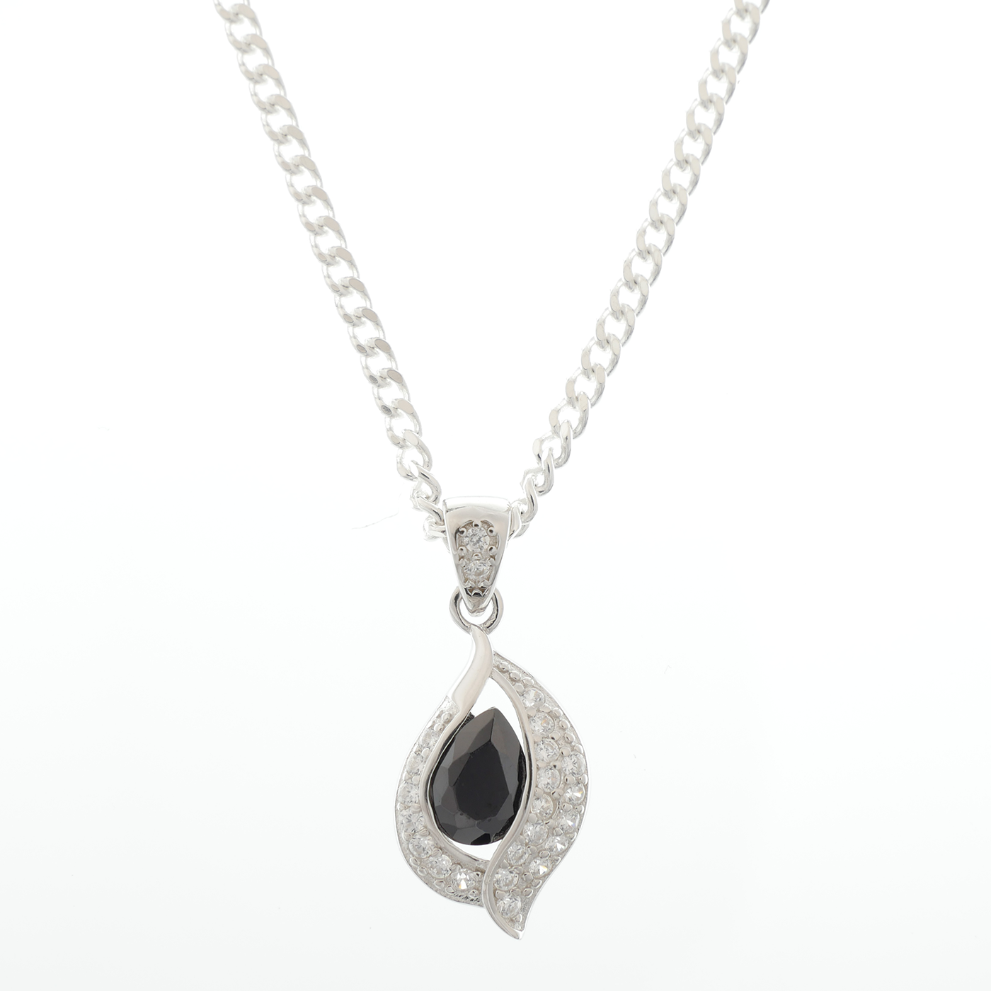 "Teardrop" Leaf Black Zirconia pendant & chain