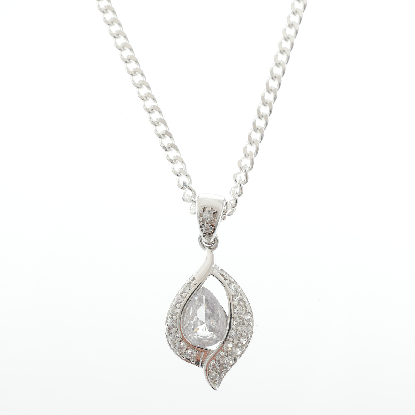 "Teardrop" Leaf White Zirconia pendant & chain