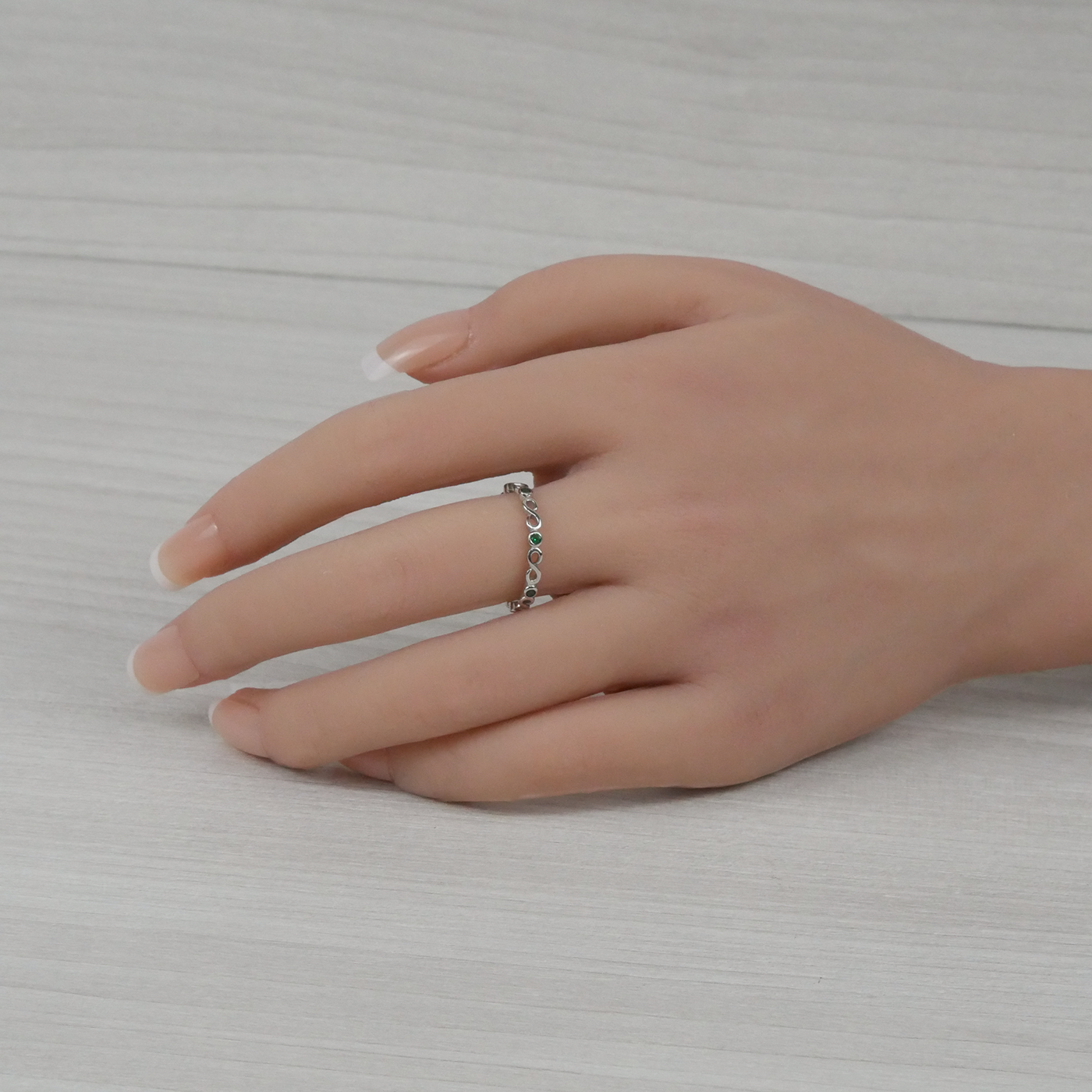 Silver Infinity Loops Delicate Emerald Zirconia Ring