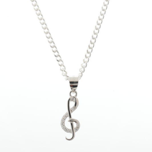 "Treble Clef" pendant with white Zirconia gems