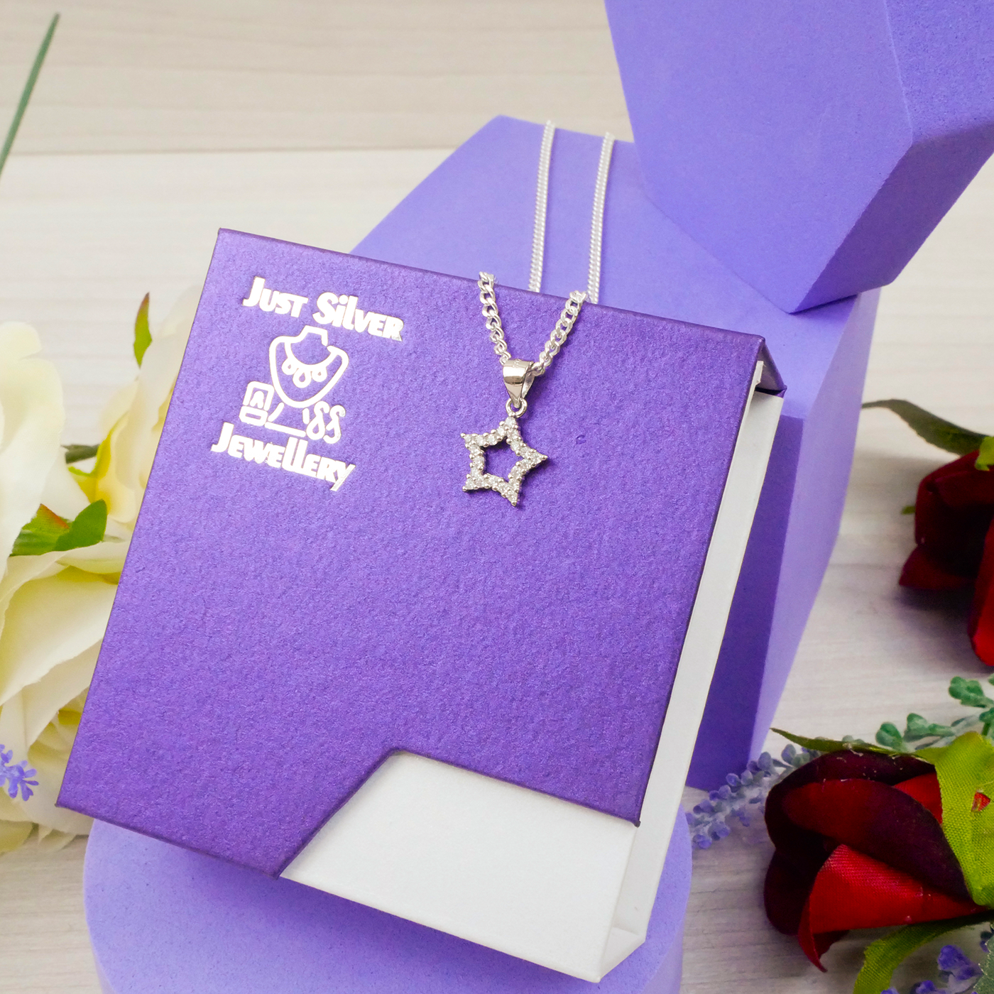 "Star" with white Zirconia gems & chain