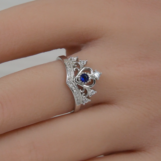 Silver Sapphire Zirconia Crown Ring