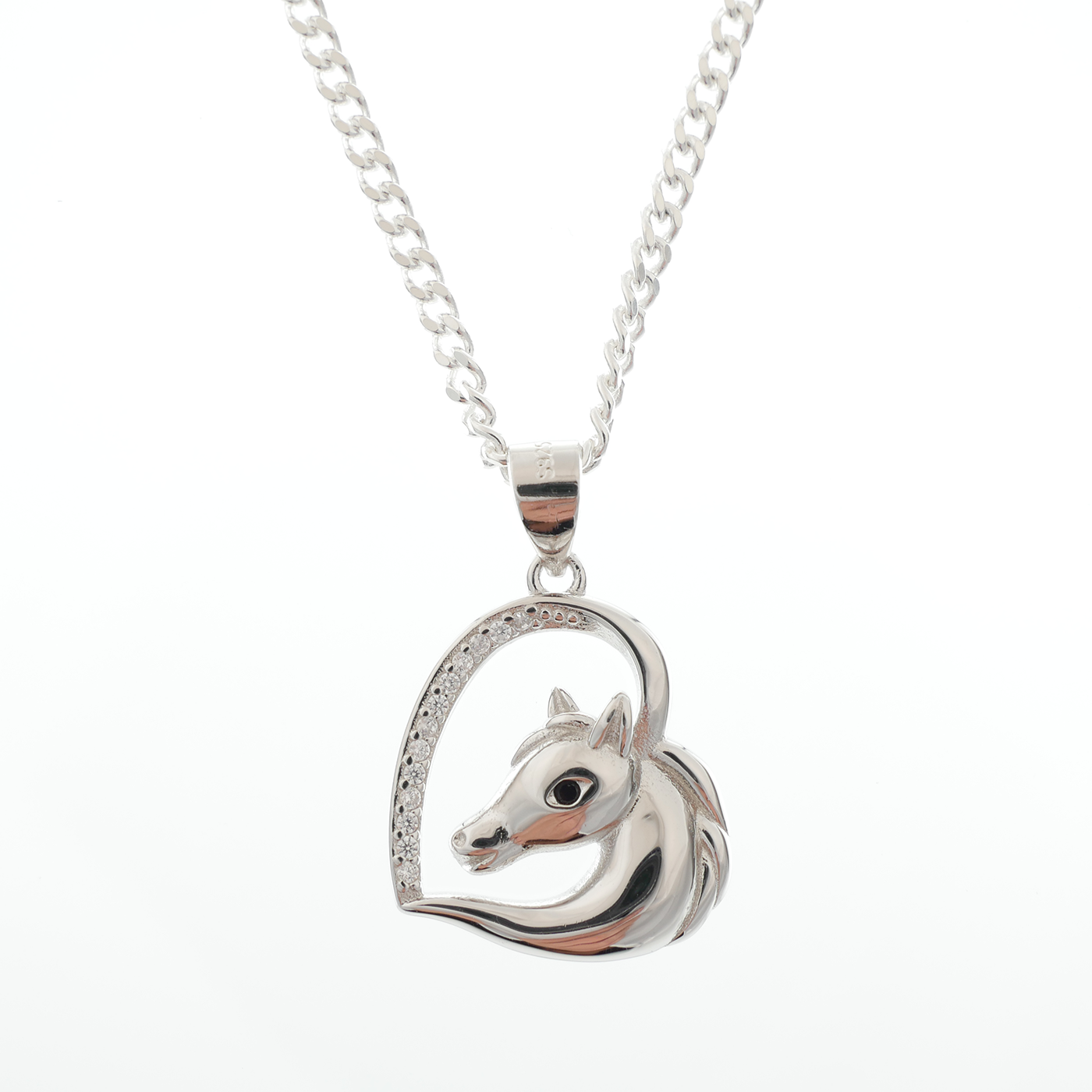 "Horse" Pendant with black & white zirconia gemstones & chain