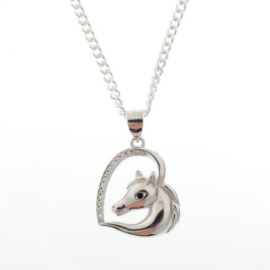 "Horse" Pendant with black & white zirconia gemstones & chain