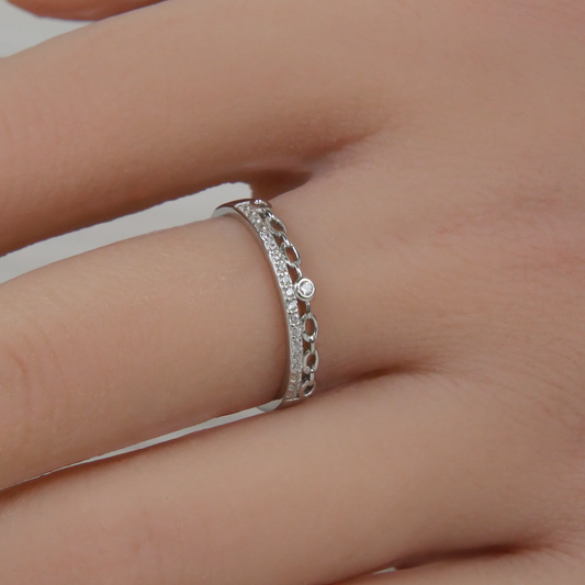 Silver Chain & Band White Zirconia Ring