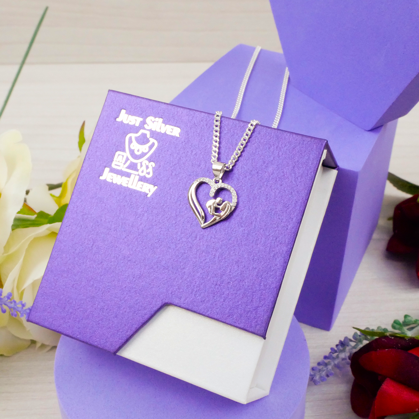 "Mother & Child" white Zirconia pendant & chain