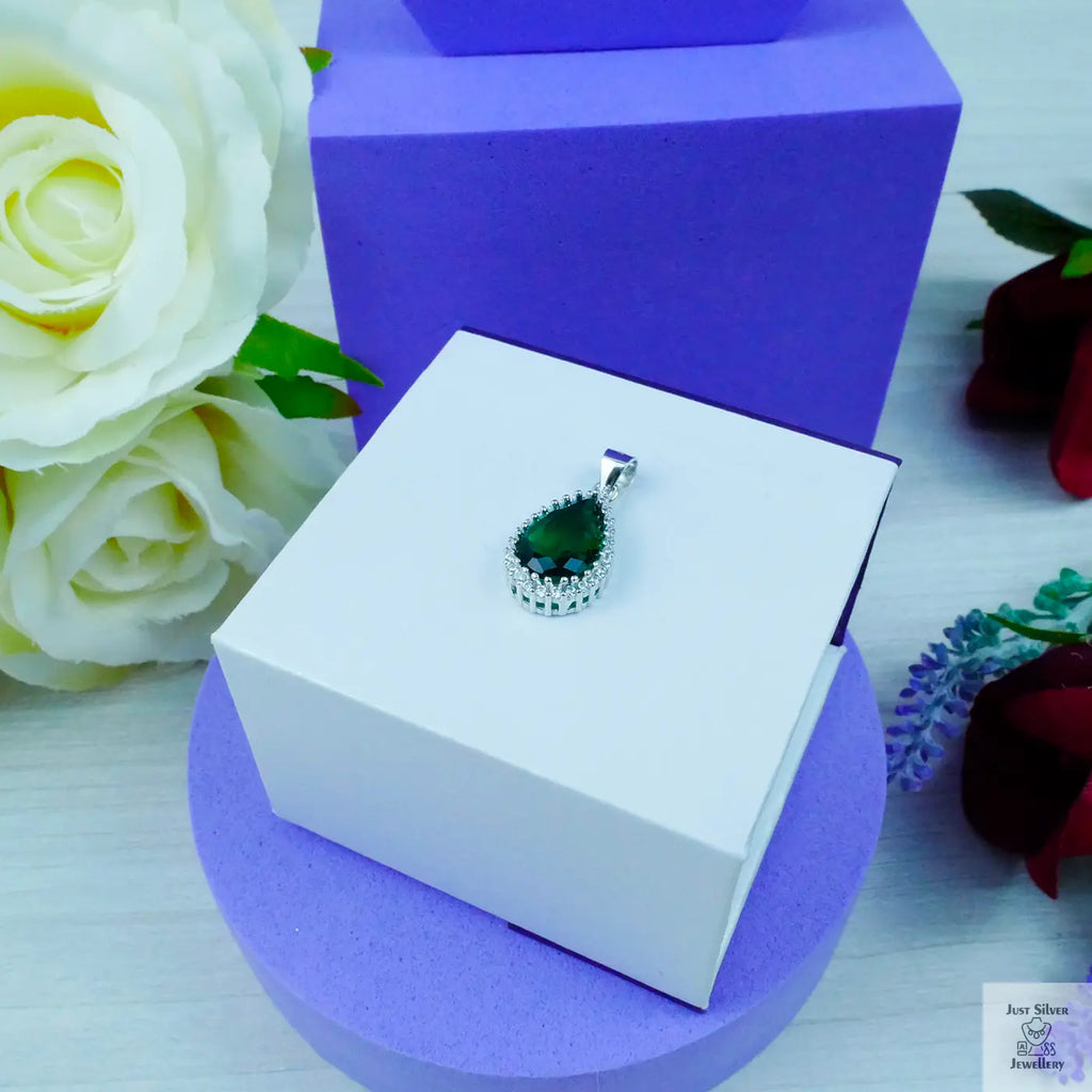 Silver "Pear Cut" Emerald Zirconia & White Zirconia Gems Just Silver Jewellery